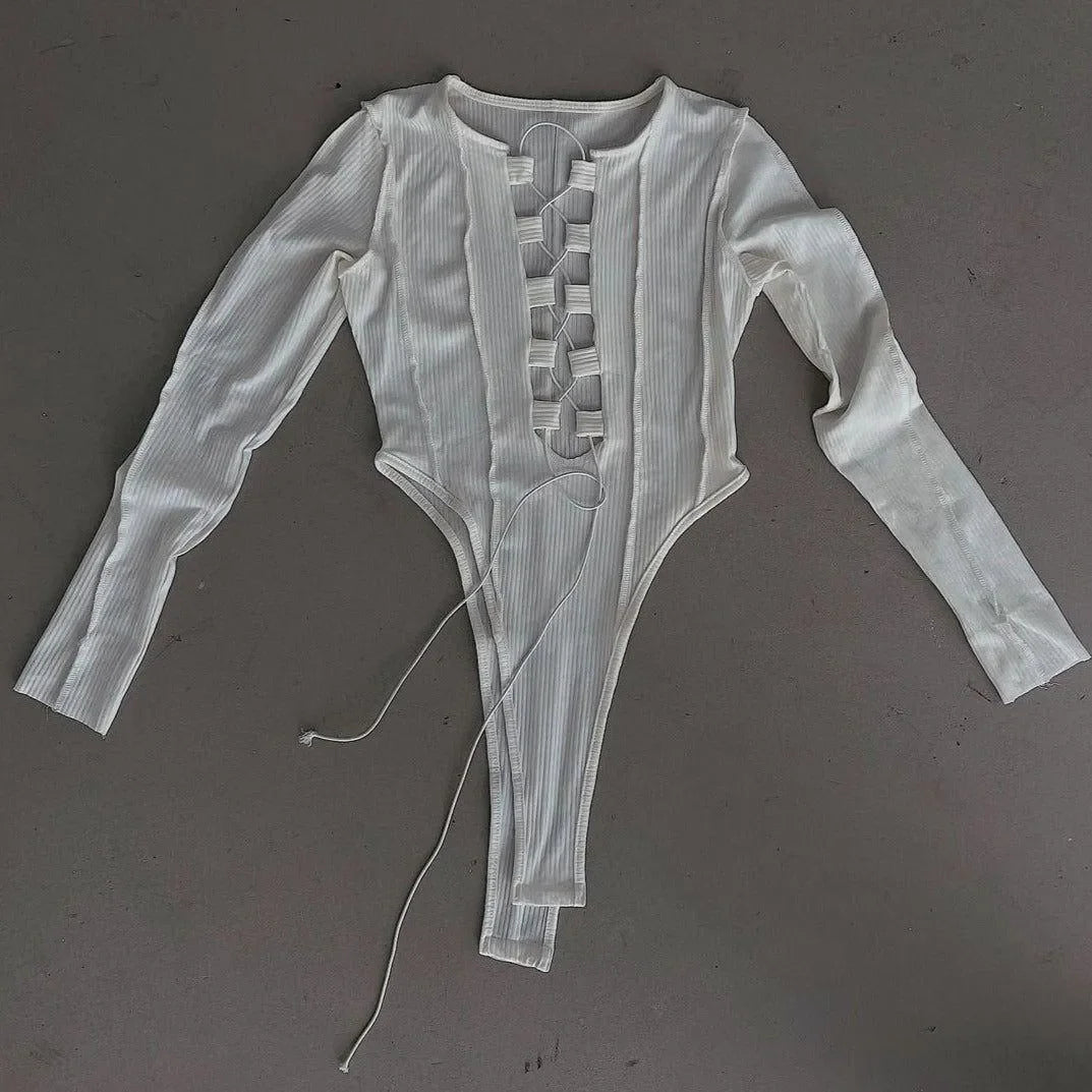 ribbed long-sleeve bodysuit with strappy front detail, party outfit