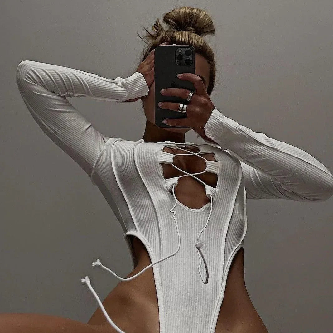 ribbed cut-out bodysuit with lace-up detail, night-out style
