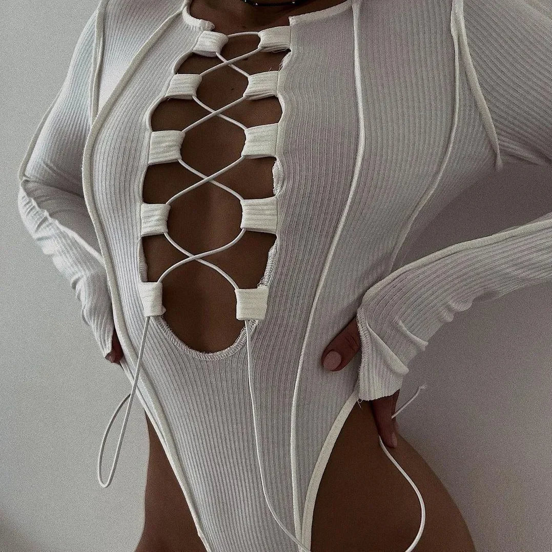 ribbed lace-up bodysuit with long sleeves, evening outfit