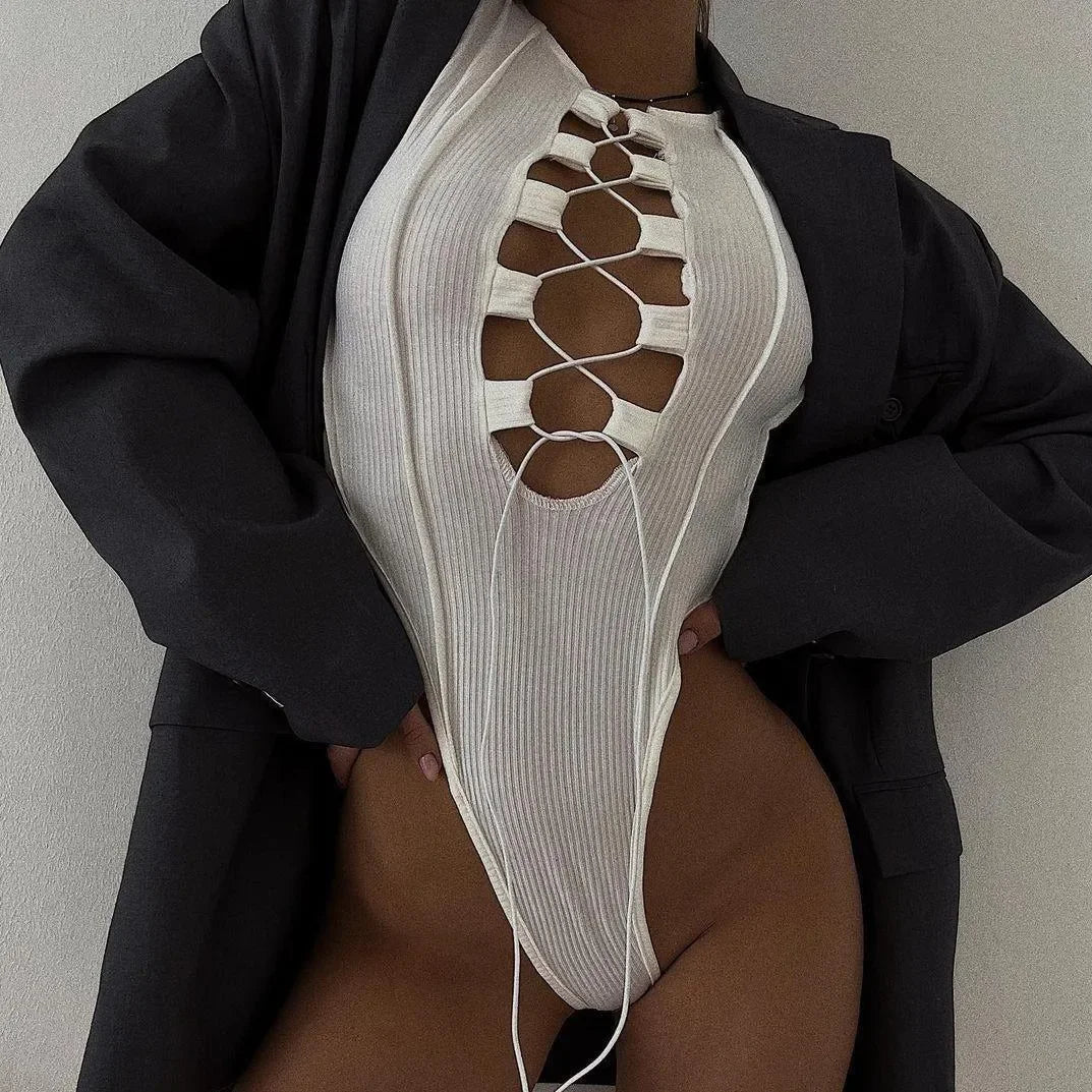 ribbed lace-up bodysuit with open front detailing
