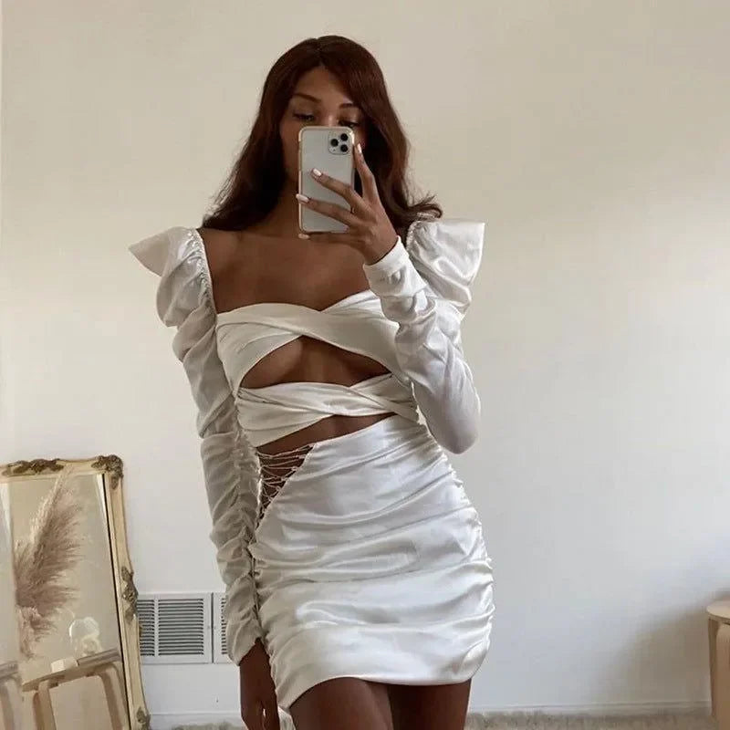 satin mini dress with puff sleeves and cut-out detailing, evening look
