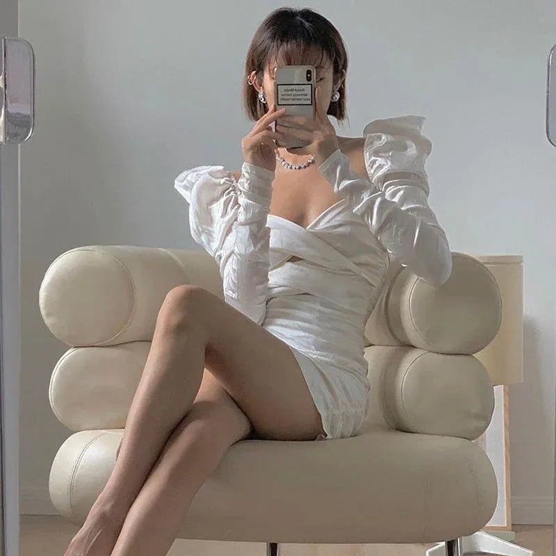 white satin mini dress with puff sleeves, evening look