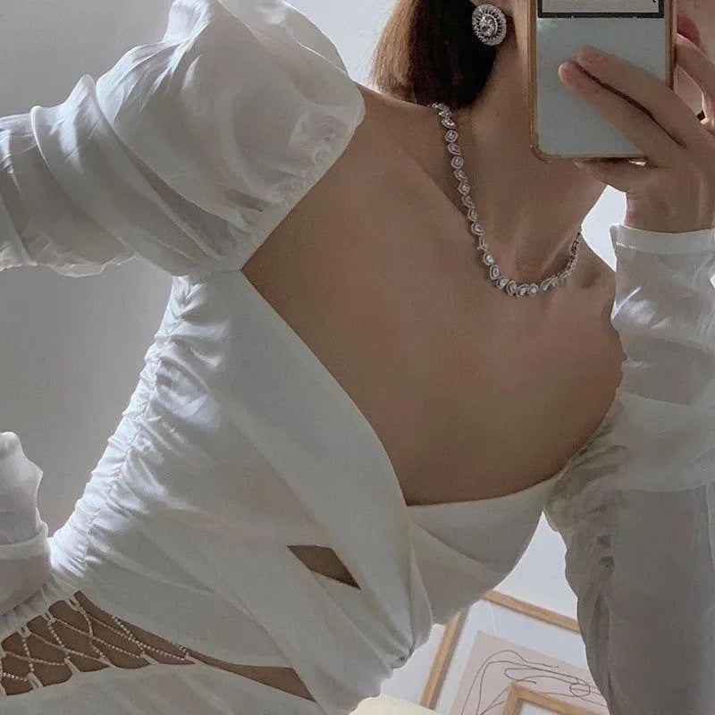 white ruched cutout top, evening look