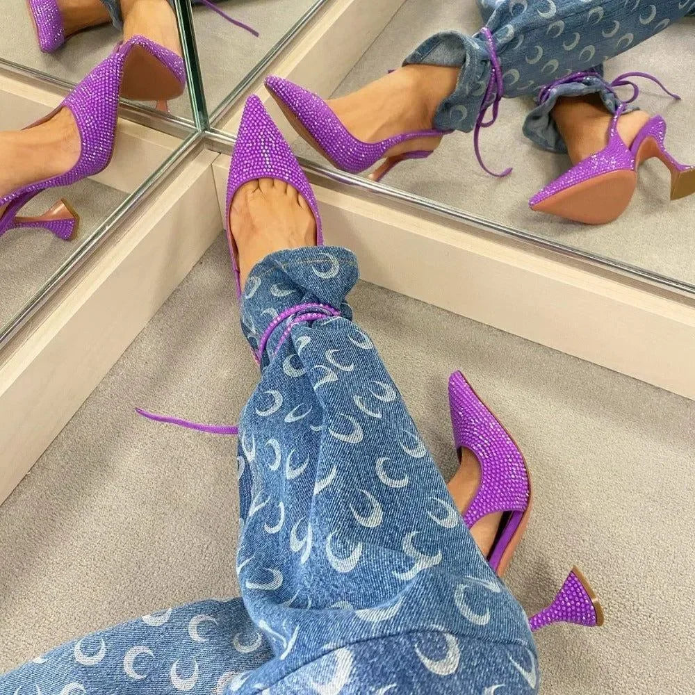 High Shine Crystal Lace Up Heels - Purple / 4 - Mermaid Way