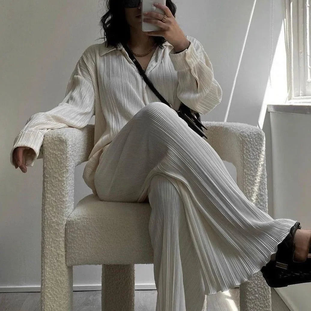 pleated co-ord set with wide-leg pants and long-sleeve top