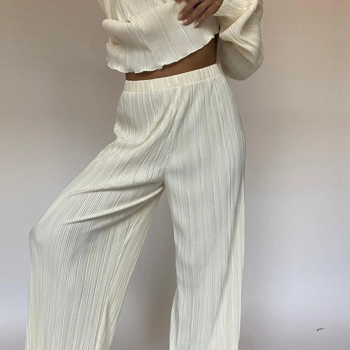 pleated co-ord set with wide-leg trousers, casual chic look