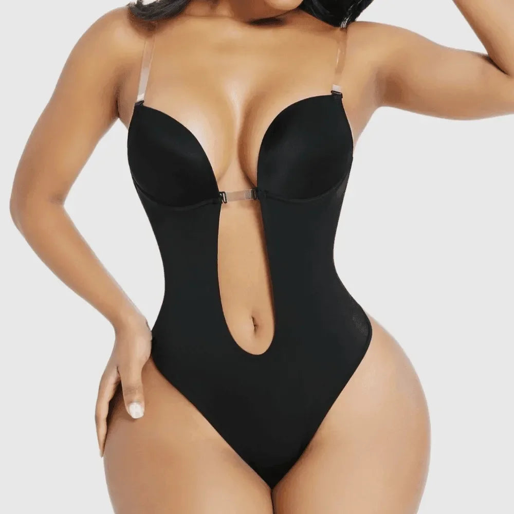 black plunge cut-out bodysuit, night-out style