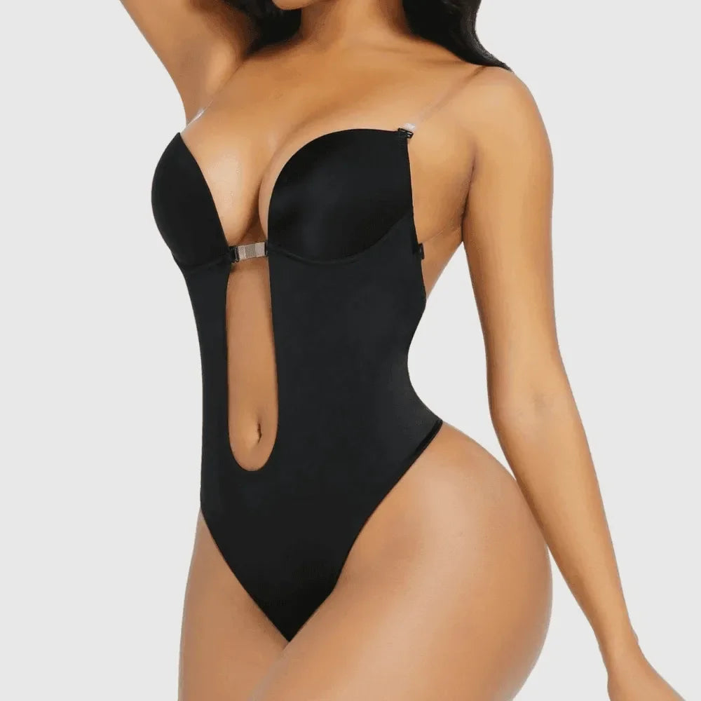 black cut-out bodysuit with underwire, night-out style