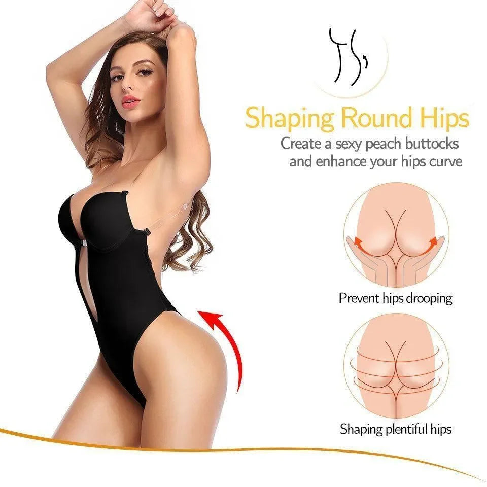 black shaping bodysuit with clear straps, enhancing curves