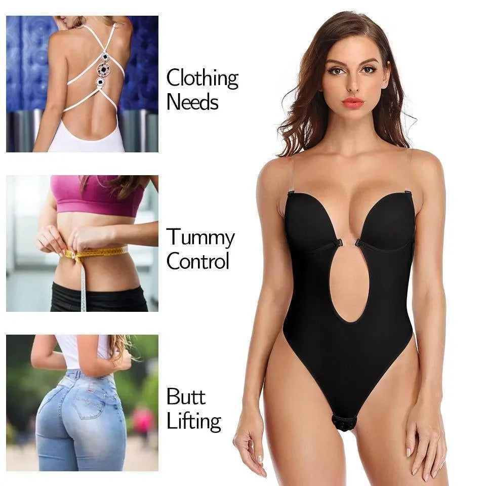 black shapewear bodysuit with tummy control and butt lifting features
