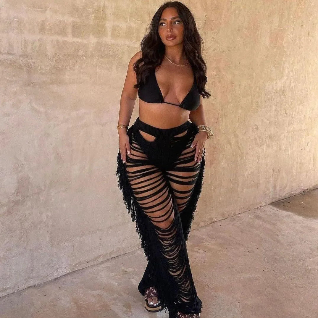 Jada Ripped Side Tassel Straight Pants - Black / S - Mermaid Way