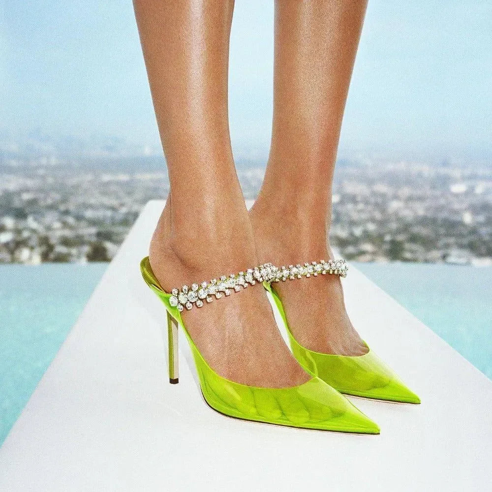 neon green pointed-toe heels with crystal straps