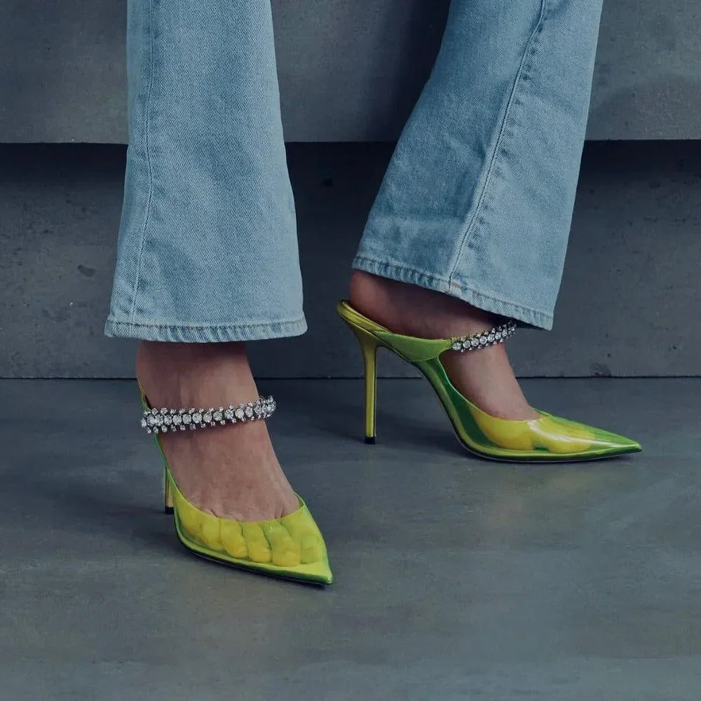 pointed-toe heels with crystal ankle strap, stylish look
