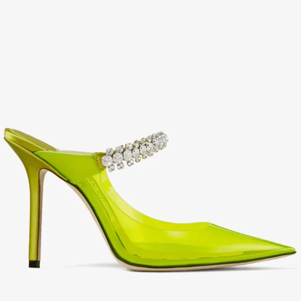 neon green pointed-toe heels with crystal strap