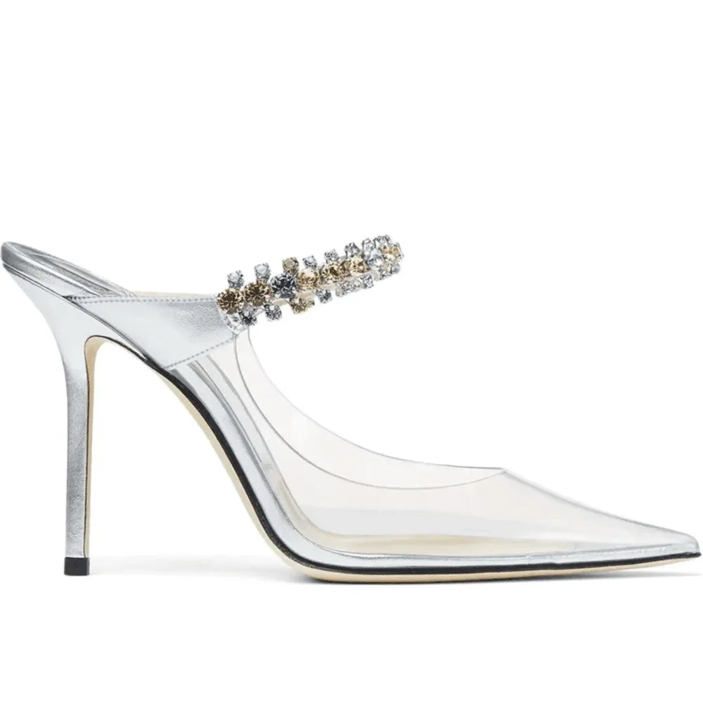 silver PVC heels with crystal-embellished strap, evening wear