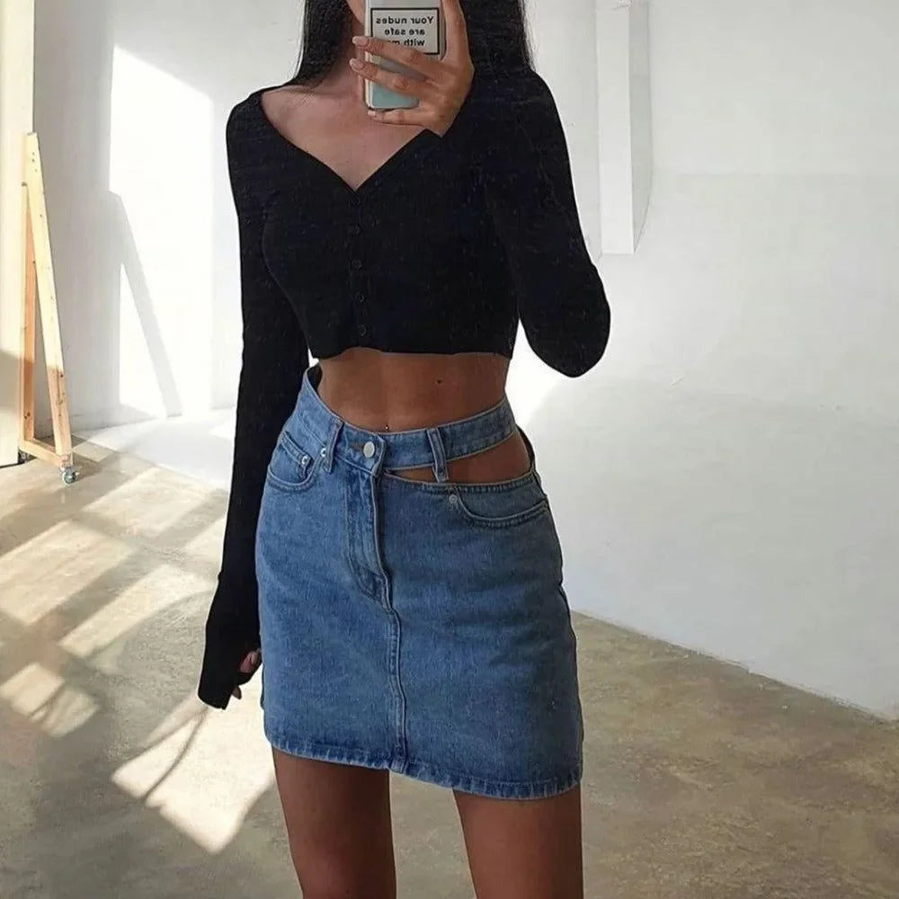 cut-out denim mini skirt with black crop top, casual outing style