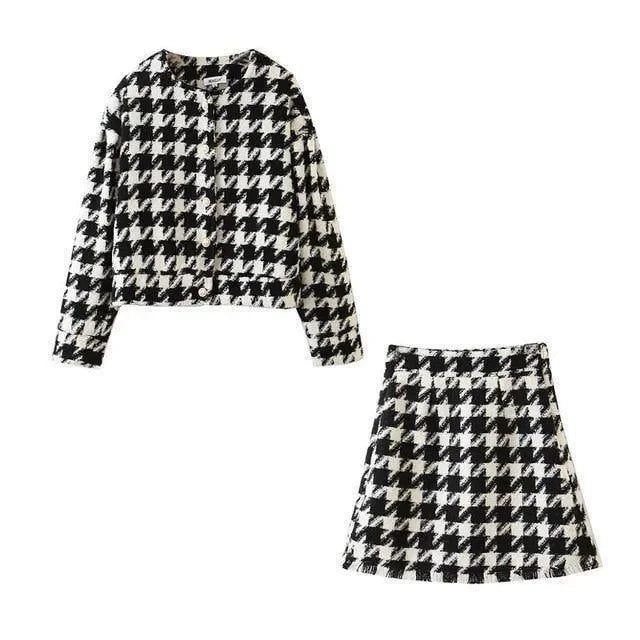 houndstooth tweed co-ord set with jacket and mini skirt