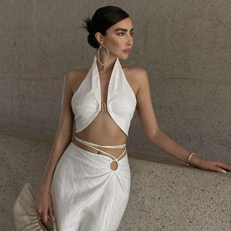 satin halter crop top and ring detail skirt set, evening look