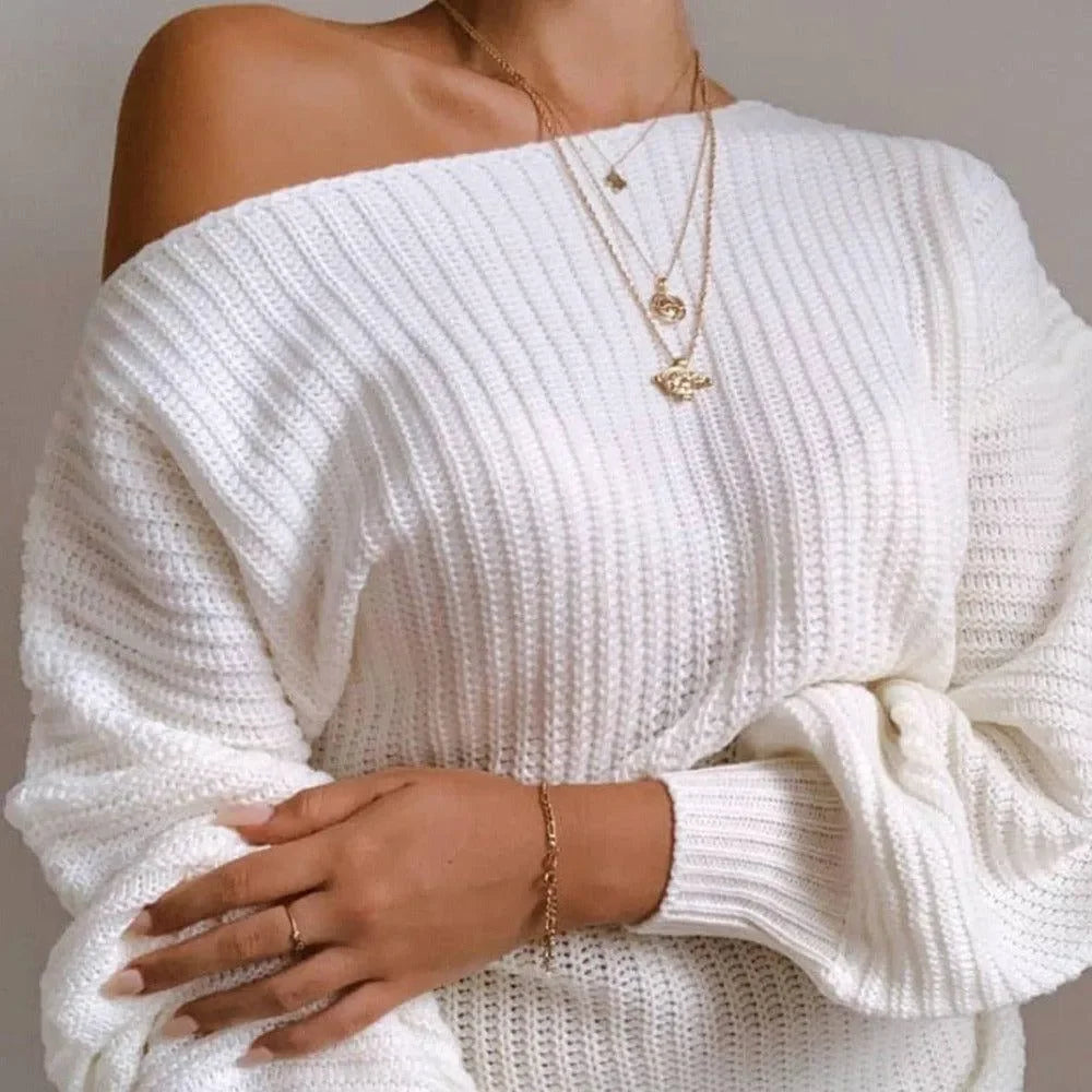 off-the-shoulder knit sweater, casual style