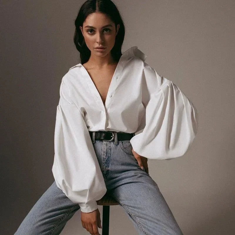 oversized white blouse with balloon sleeves, casual chic style