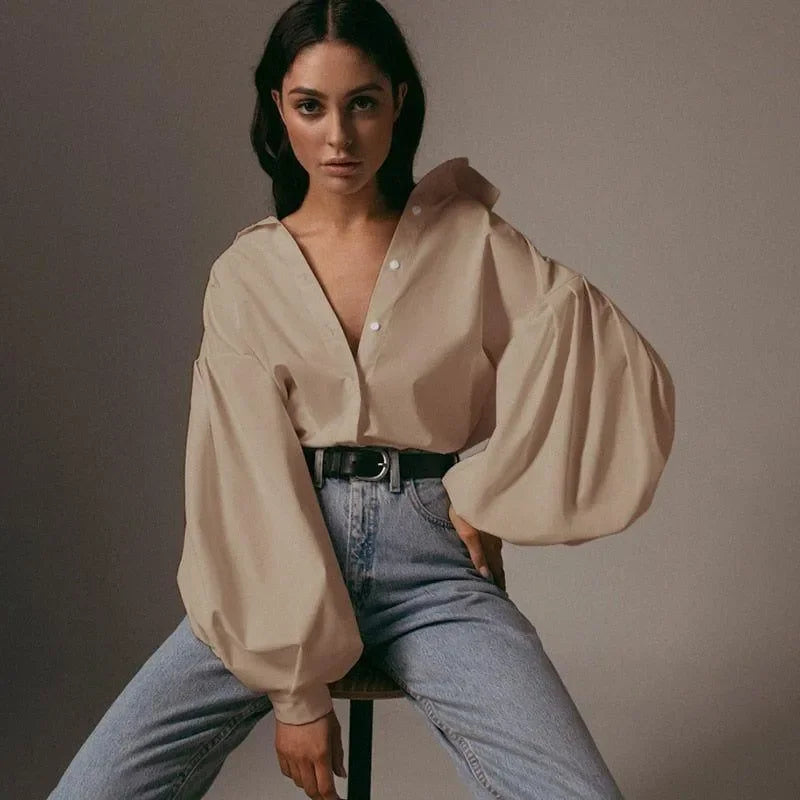 Linda Lantern Sleeve Casual Shirt - Beige / S - Mermaid Way