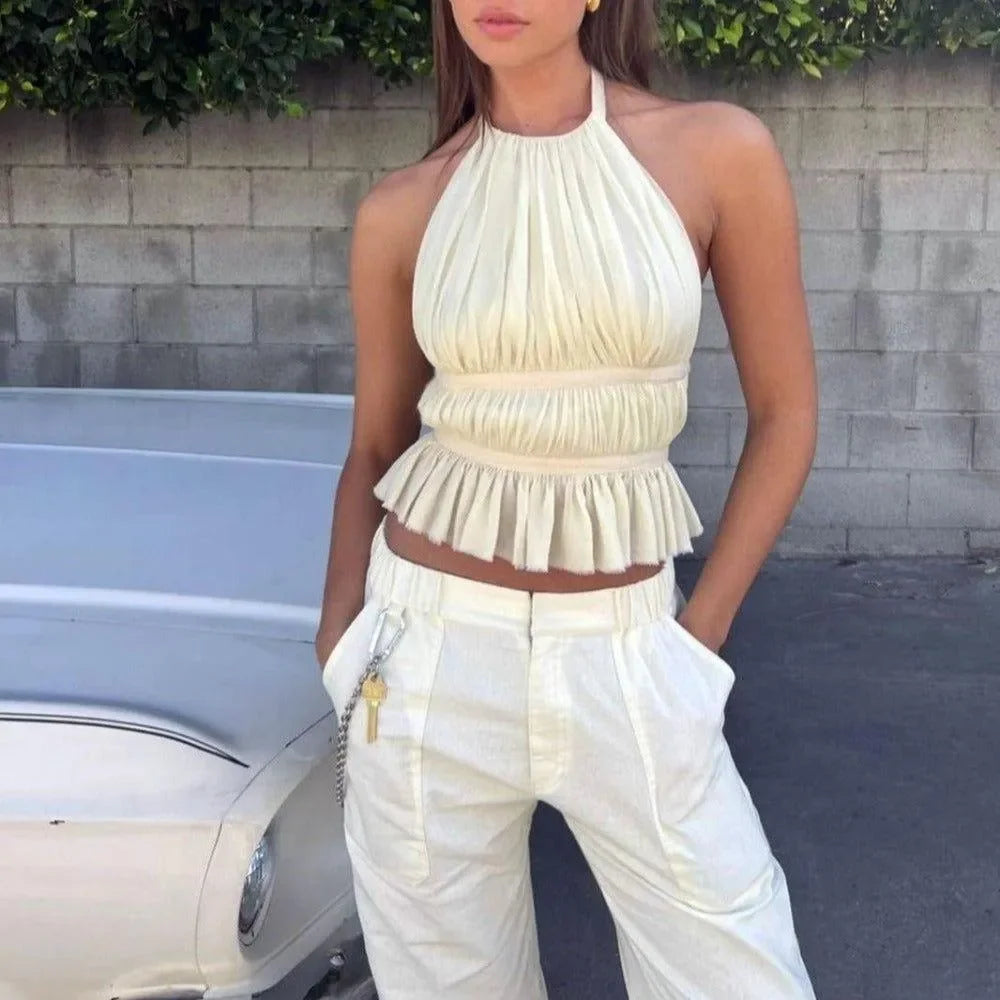 pleated halter top with ruffle hem, casual daywear