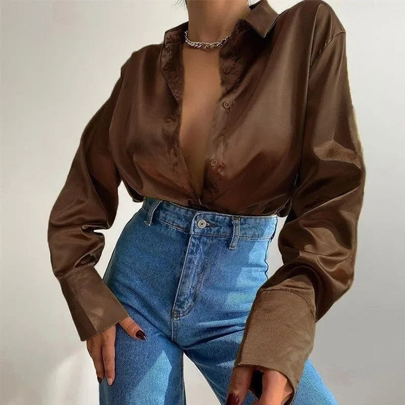 Madamoiselle Satin Blouse - Brown / S - Mermaid Way