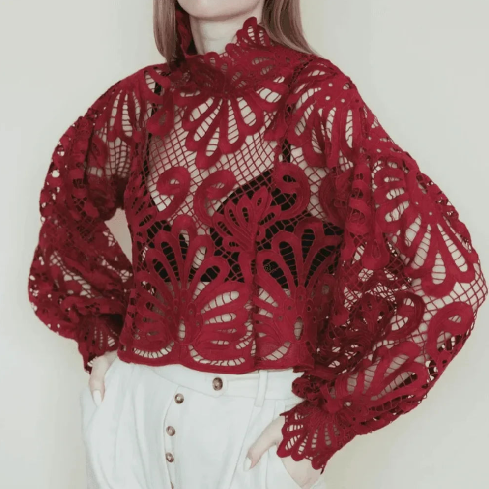 Maira Lace Lantern Sleeve Blouse - Red / One Size - Mermaid Way