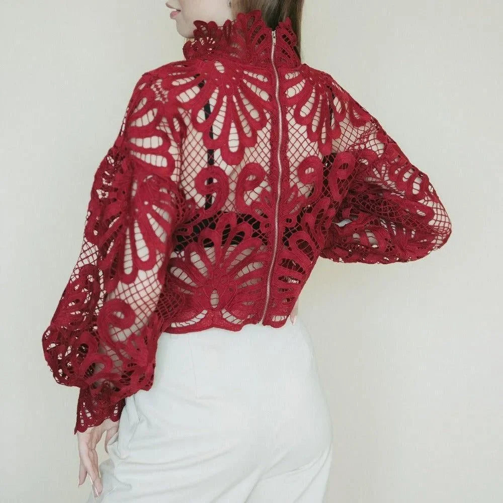 Maira Lace Lantern Sleeve Blouse - Red / One Size - Mermaid Way