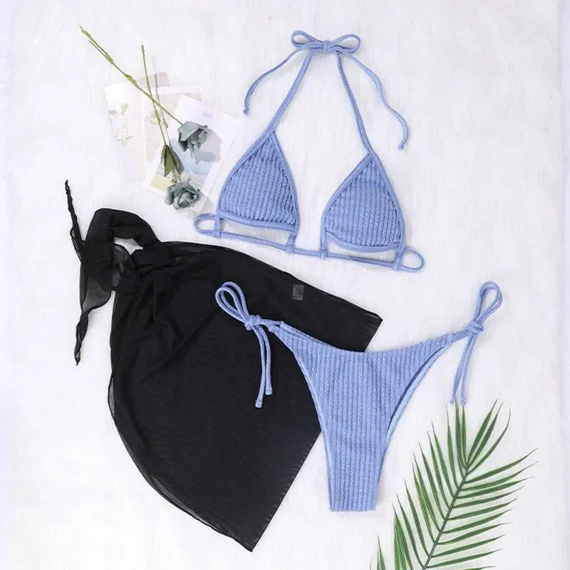 ribbed bikini set with halter top and side-tie bottoms, beachwear style