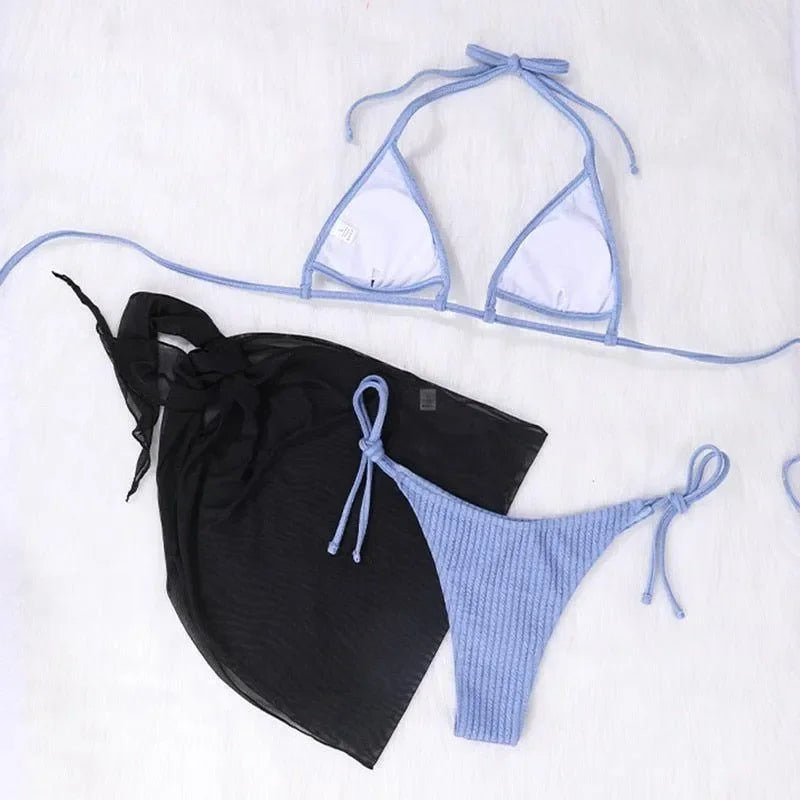Bikini set with sheer black cover-up skirt