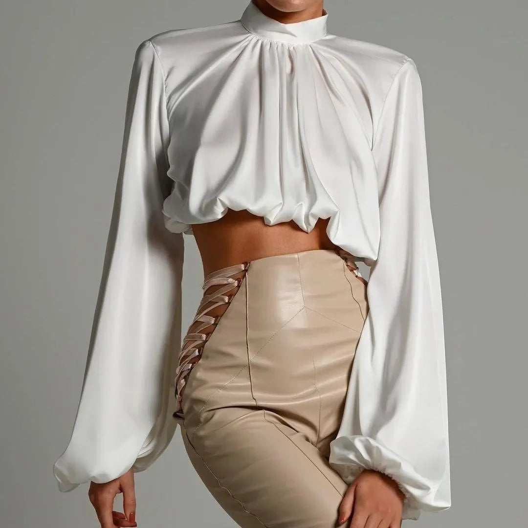 Mare Turtleneck Puff Sleeve Satin Blouse - White / S - Mermaid Way