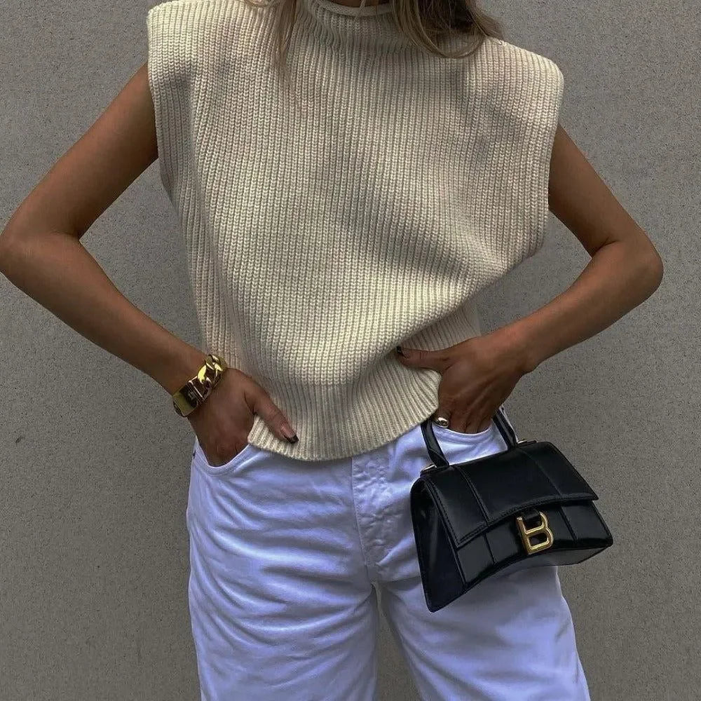 Meggy Vintage Ribbed Turtleneck Knitted Vest - Beige / S - Mermaid Way