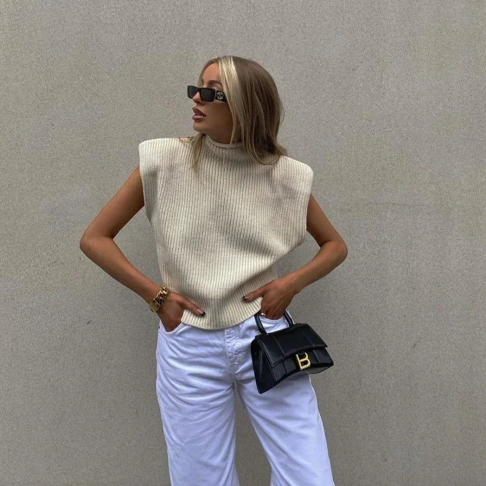 Meggy Vintage Ribbed Turtleneck Knitted Vest - Beige / S - Mermaid Way