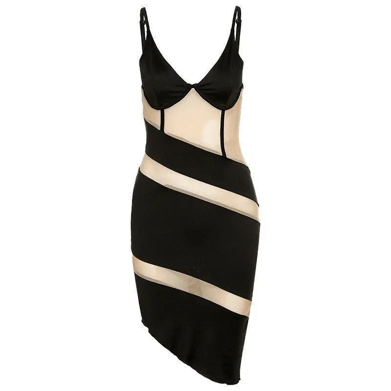 mesh panel mini dress with asymmetrical hem, party look