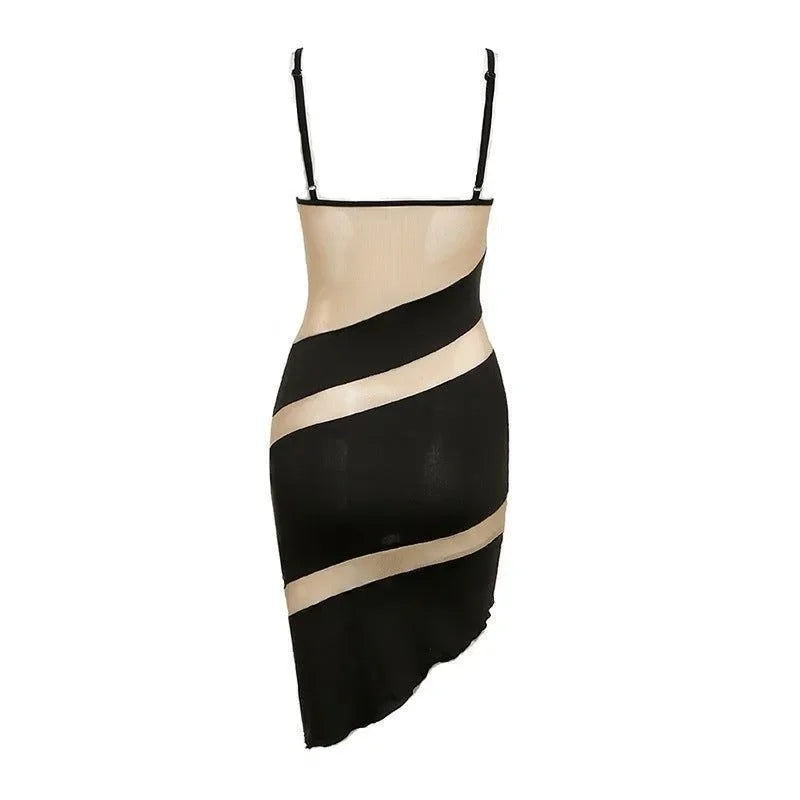 asymmetric mesh and opaque bodycon midi dress, evening wear