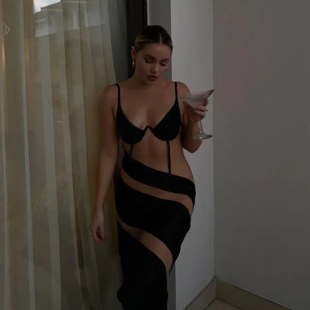 cut-out black evening dress with strappy detailing, night-out style
