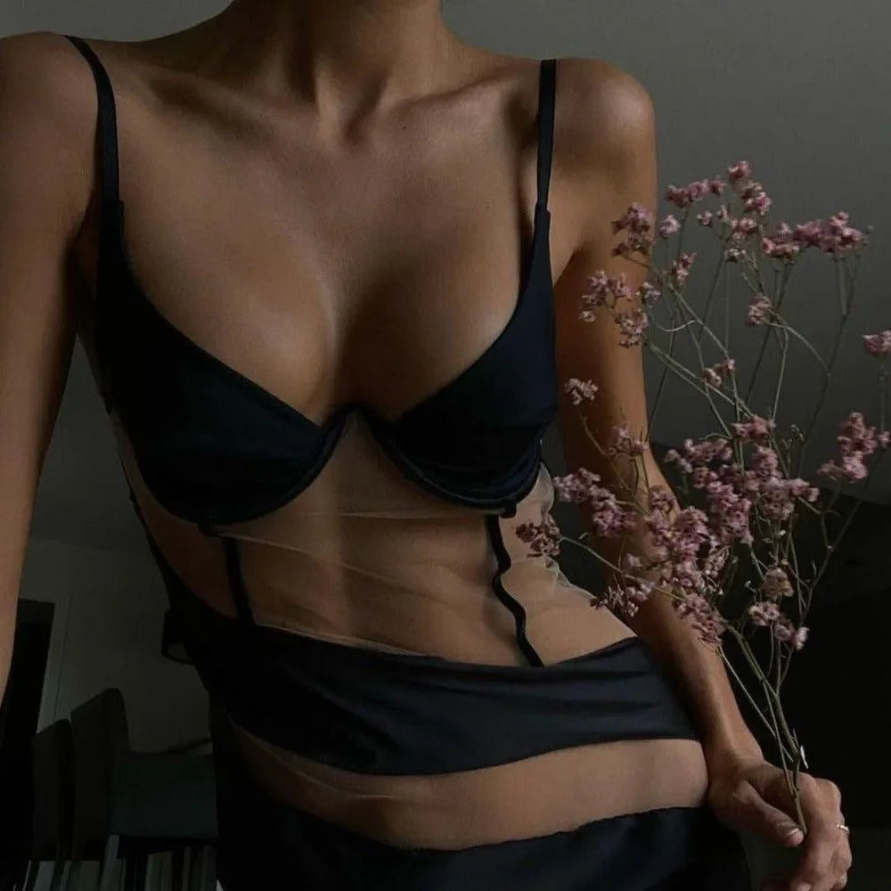 mesh and satin cut-out dress, night-out look