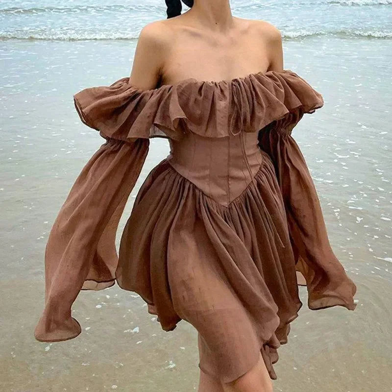 Milk Chocolate Vintage Ruffled Off Shoulder Midi Dress - Brown / S - Mermaid Way