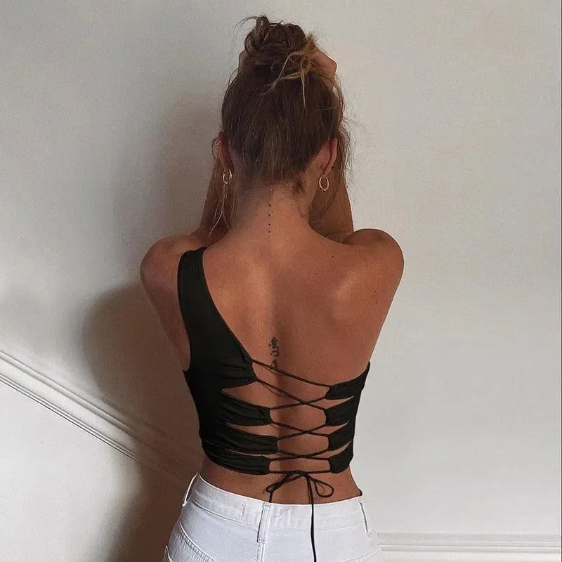 one-shoulder lace-up back top, casual style