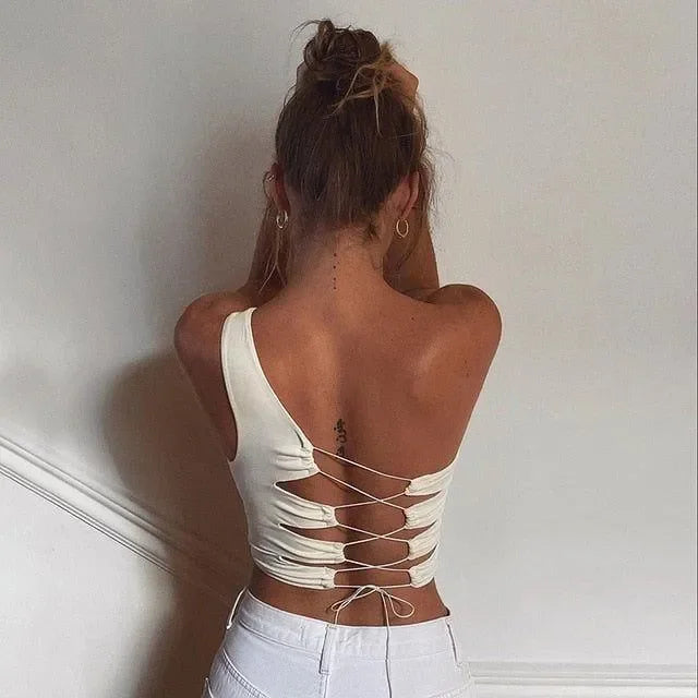 one-shoulder lace-up backless top, casual style