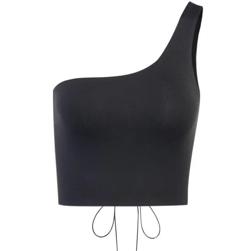 black one-shoulder top with tie detail, party outfit