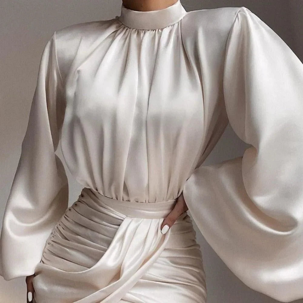 Monaco Ruched Puff Sleeve Satin Mini Dress - White / S - Mermaid Way