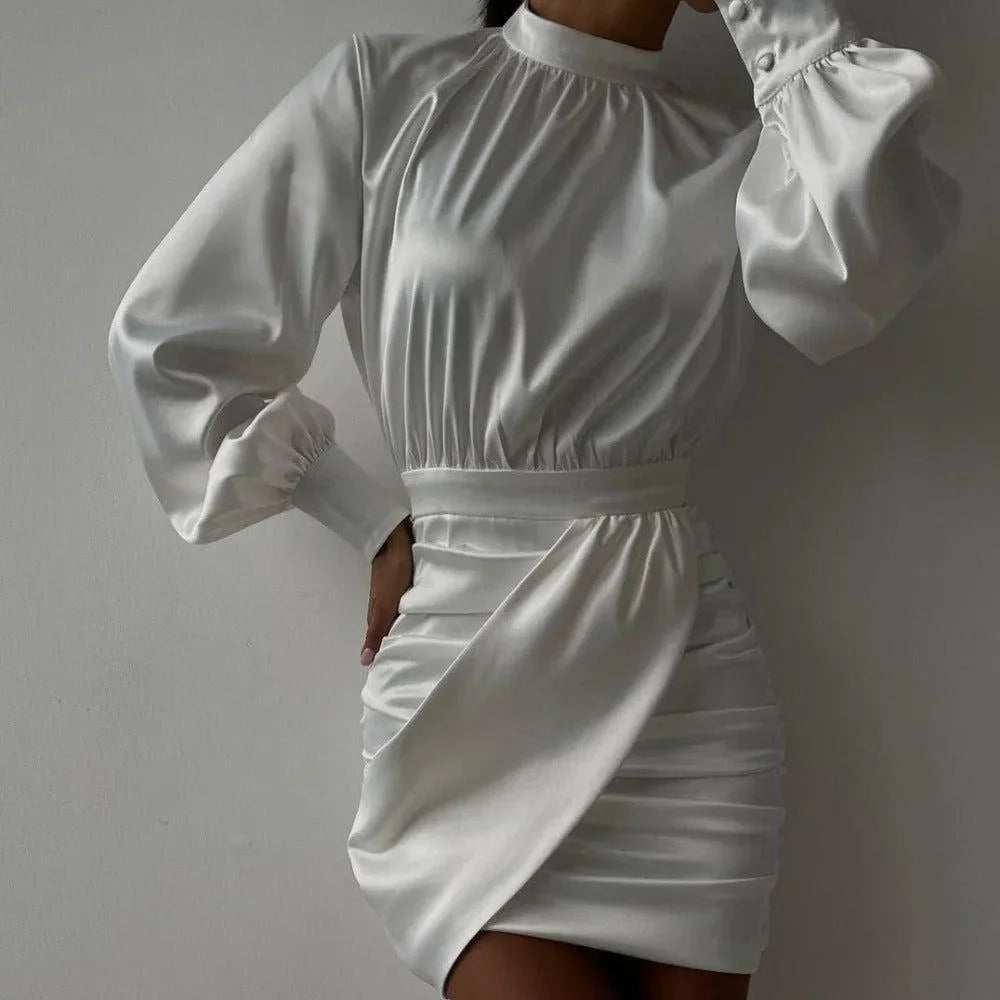 Monaco Ruched Puff Sleeve Satin Mini Dress - White / S - Mermaid Way