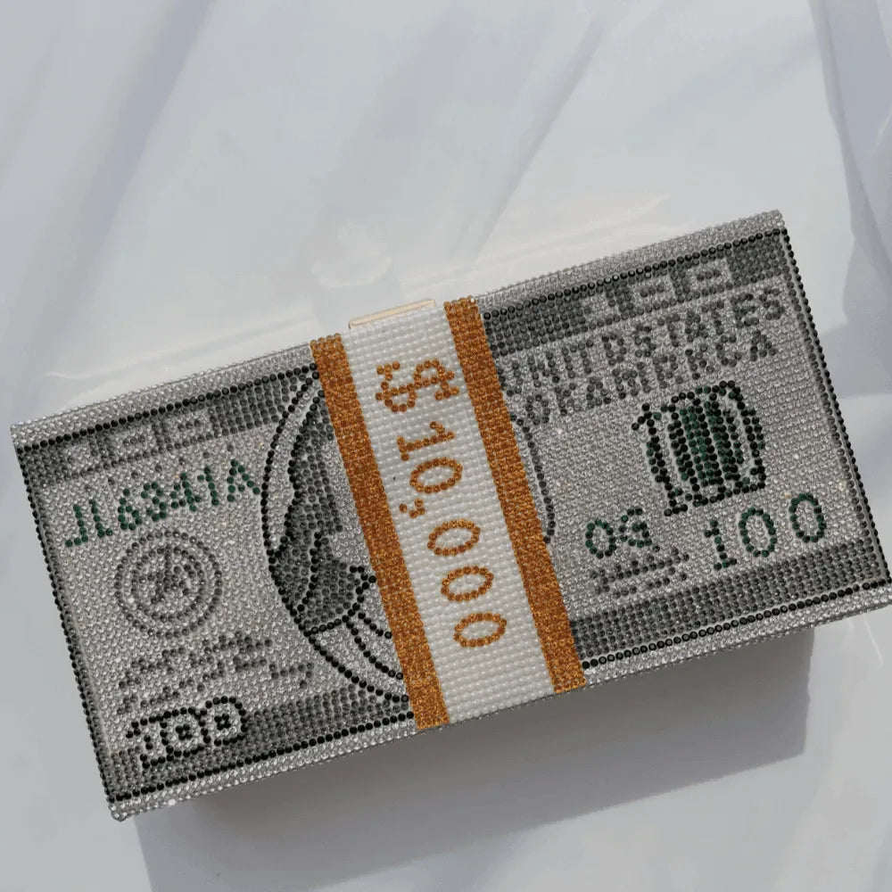 crystal-encrusted clutch bag, money design, statement accessory