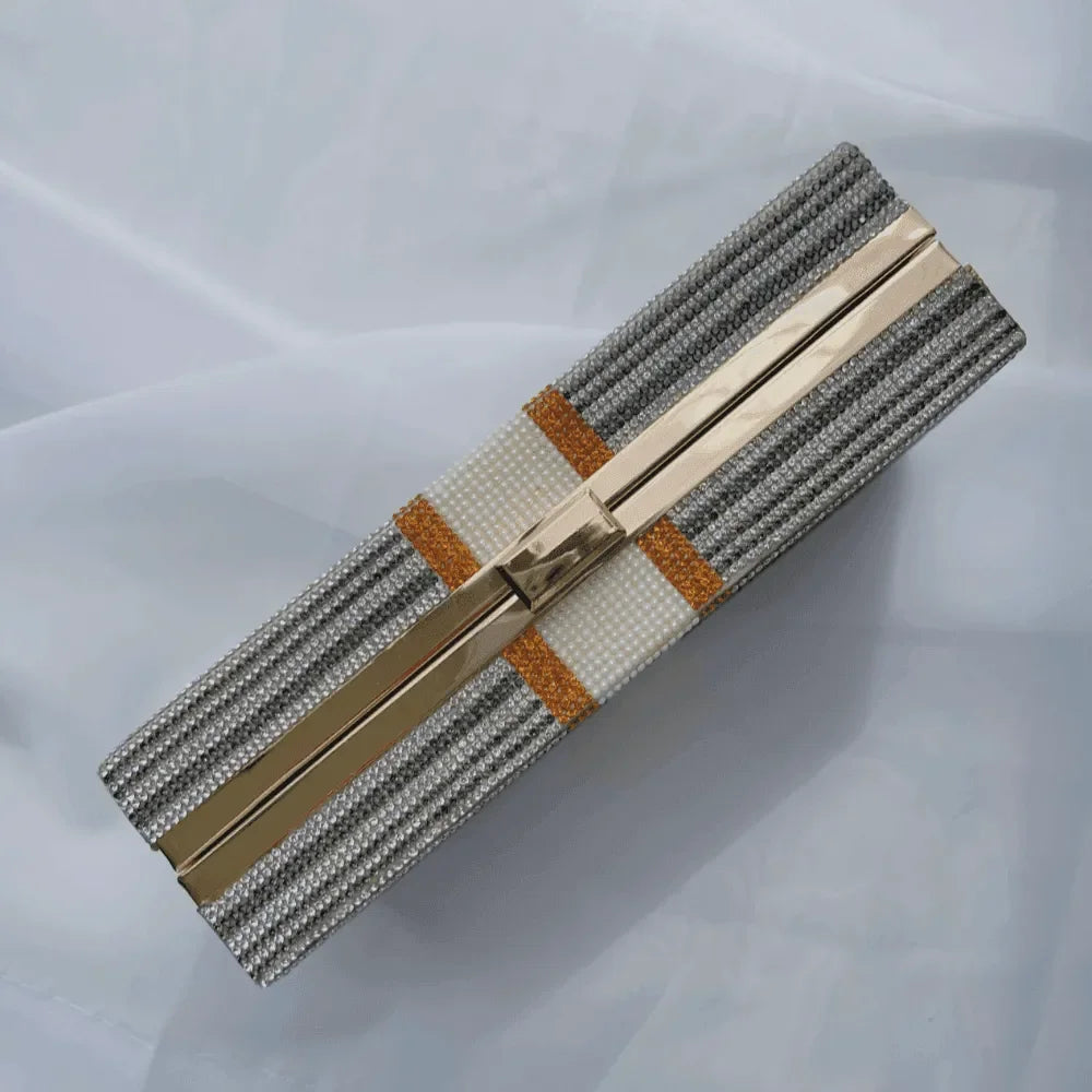 striped beaded clutch with gold clasp, evening accessory