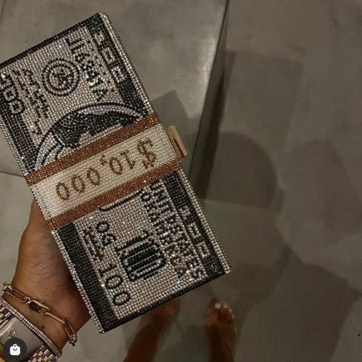 crystal embellished clutch with money design