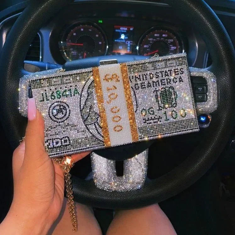 crystal-embellished clutch shaped like a stack of $100 bills, party accessory