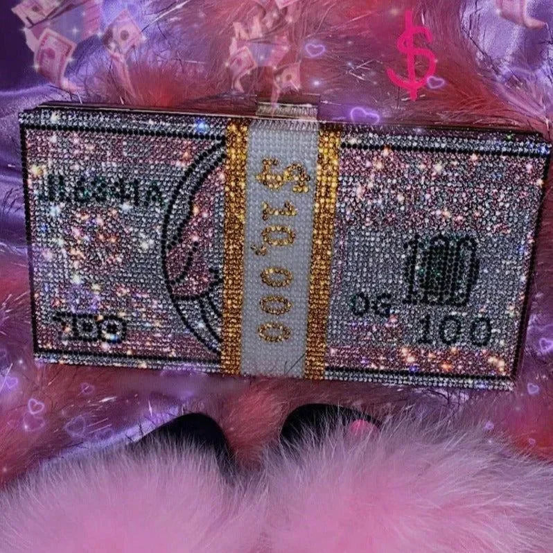 rhinestone money clutch, party accessory
