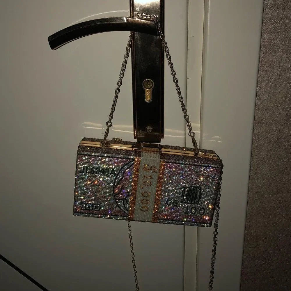 crystal-embellished novelty clutch with chain strap, party accessory